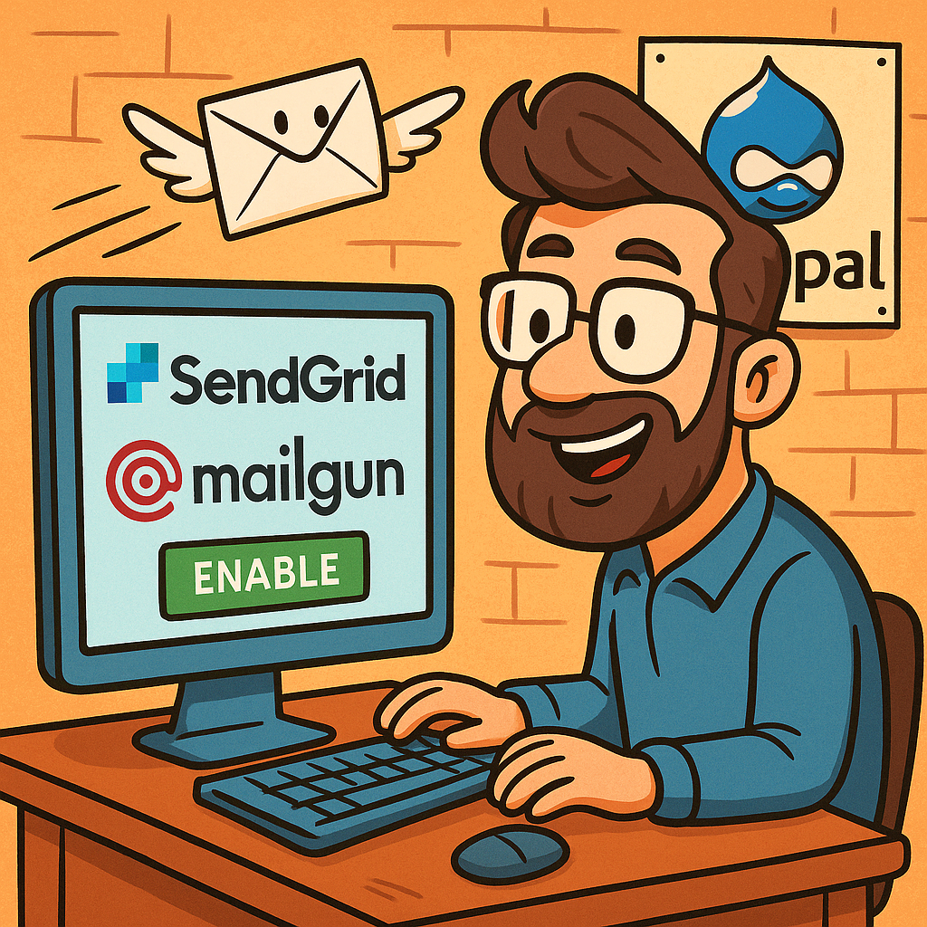 Cartoon man using a computer, smiling with email icons around.