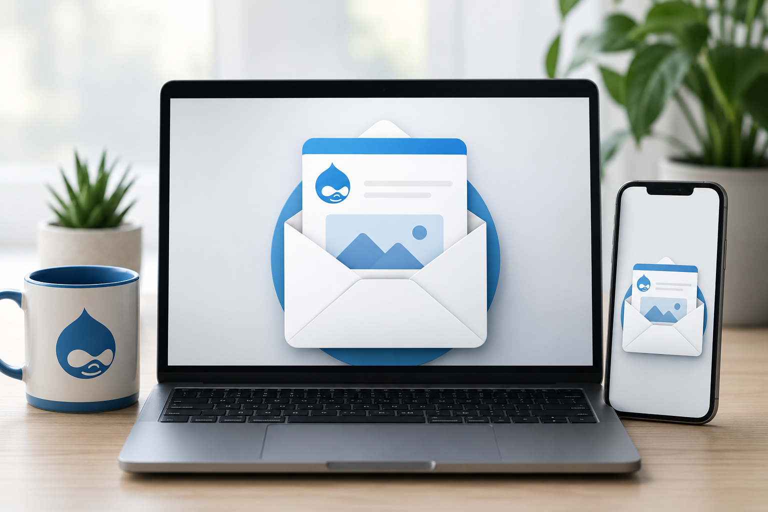 Laptop and phone displaying an email icon on a table with a plant and mug.