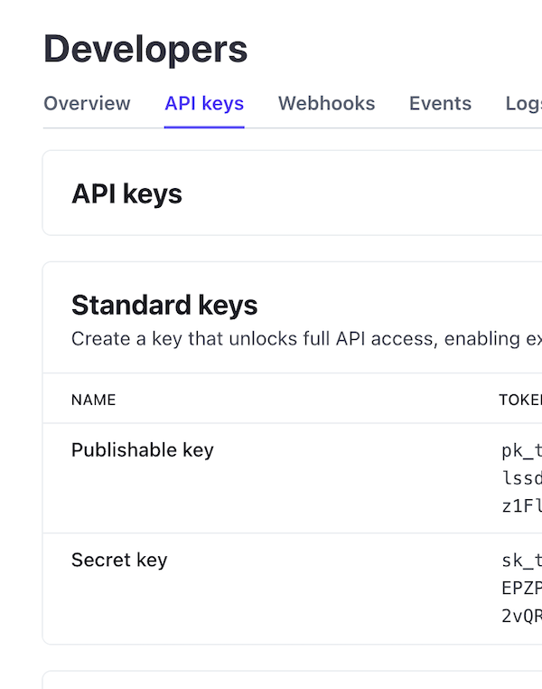API keys dashboard showing publishable and secret keys.
