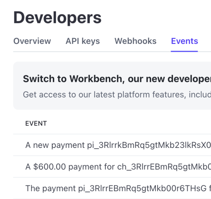 Developers page showing events and payment details in a web interface.