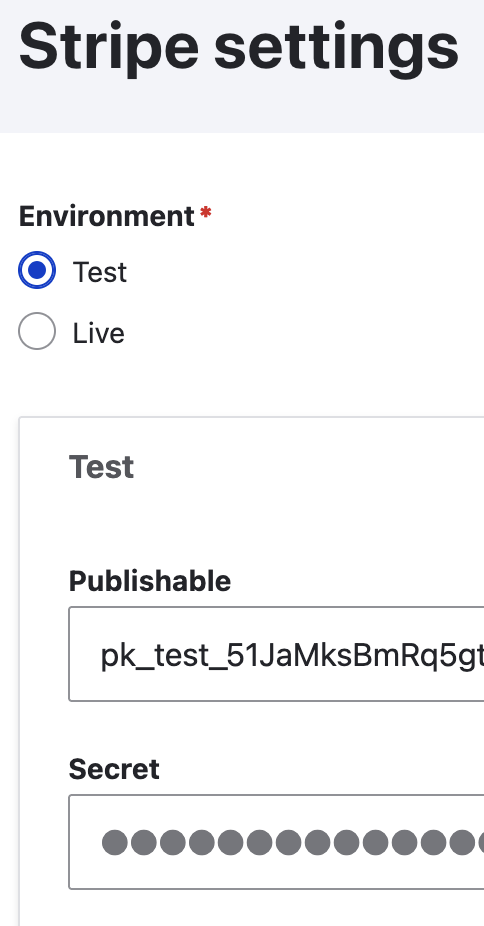 Stripe settings interface showing test environment selected.