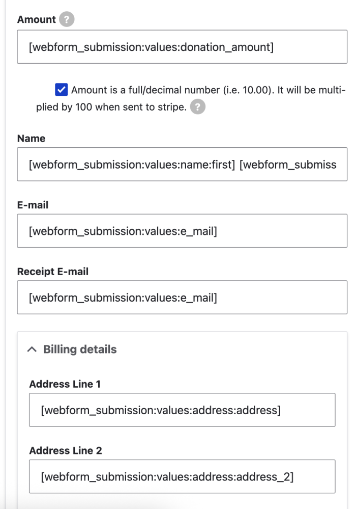 Form with fields for amount, name, email, and address details.