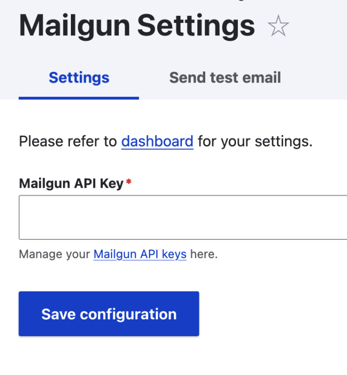 Drupal Mailgun settings page with API key input and save button.