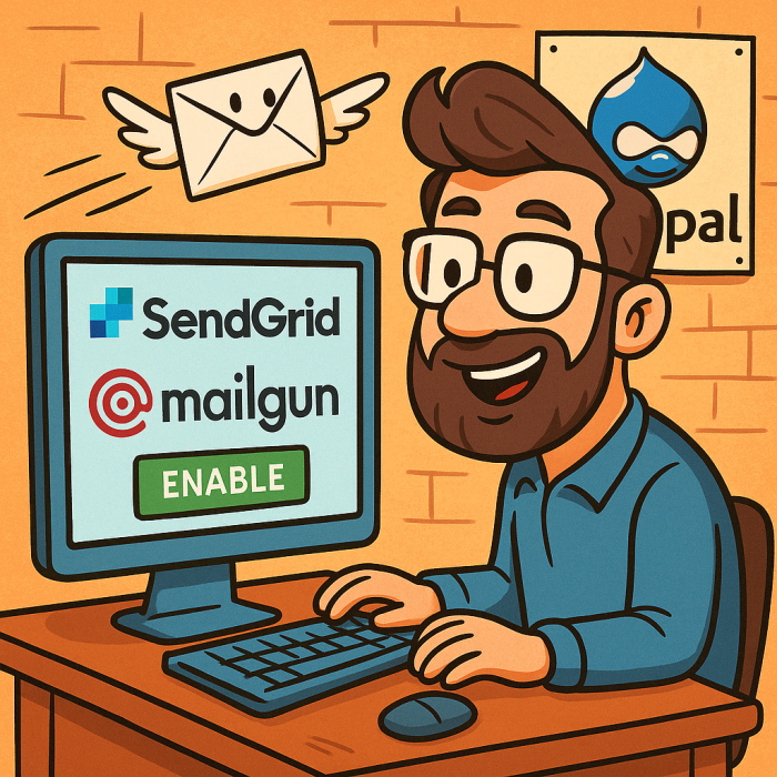 Cartoon man using a computer, smiling with email icons around.