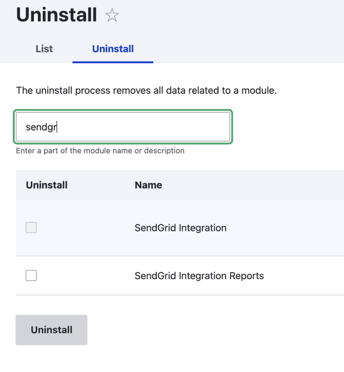 Drupal Uninstall interface displaying SendGrid options with checkboxes.
