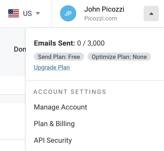 Mailgun management dropdown menu with account settings options.