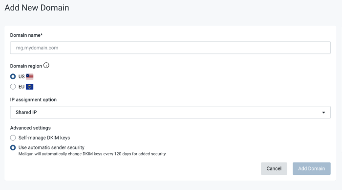 Mailgun add new domain interface with domain input and settings options.
