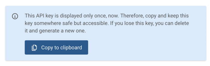API key prompt with a clipboard icon on a blue background.