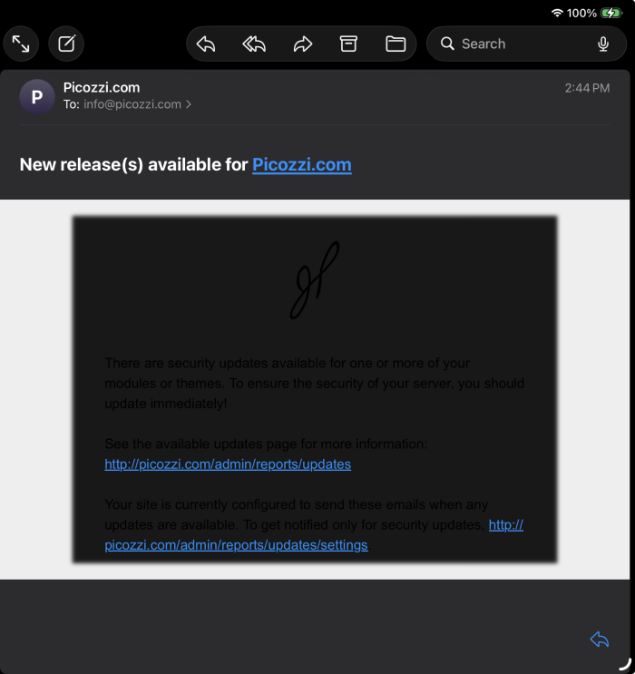 Email notification about new releases available for a domain with a black background and dark text.