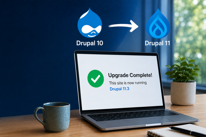Laptop showing upgrade to Drupal 11, coffee mug on desk.