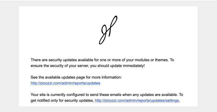 A good looking HTML Email notification about security updates sent with Easy Email Module.