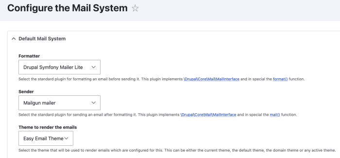Drupal mail system settings interface with dropdown options.